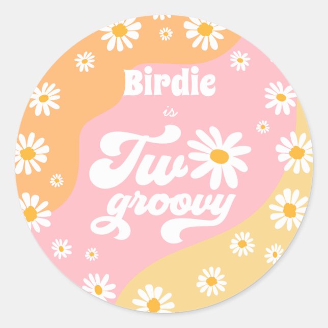 Two Groovy 2nd Birthday Party Retro Daisy Favours Classic Round Sticker (Front)