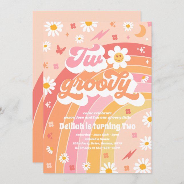 Two Groovy 2nd Birthday Peace Love Party Rainbow Invitation (Front/Back)