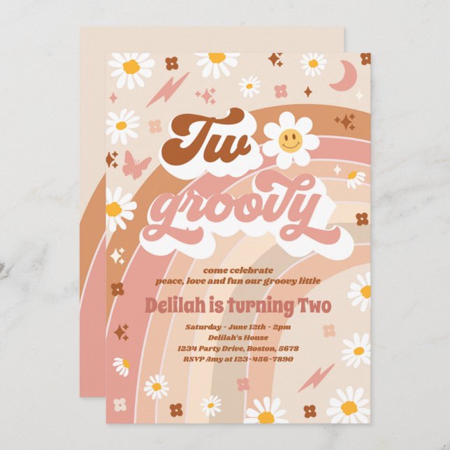 Two Groovy 2nd Birthday Peace Love Party Rainbow Invitation (Front/Back)