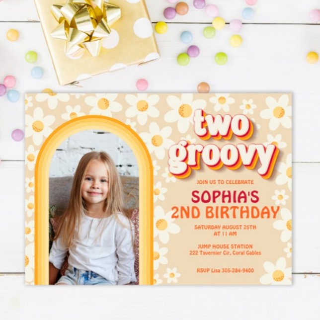 Two Groovy 2nd Birthday Photo Invitation | Retro D (Creator Uploaded)