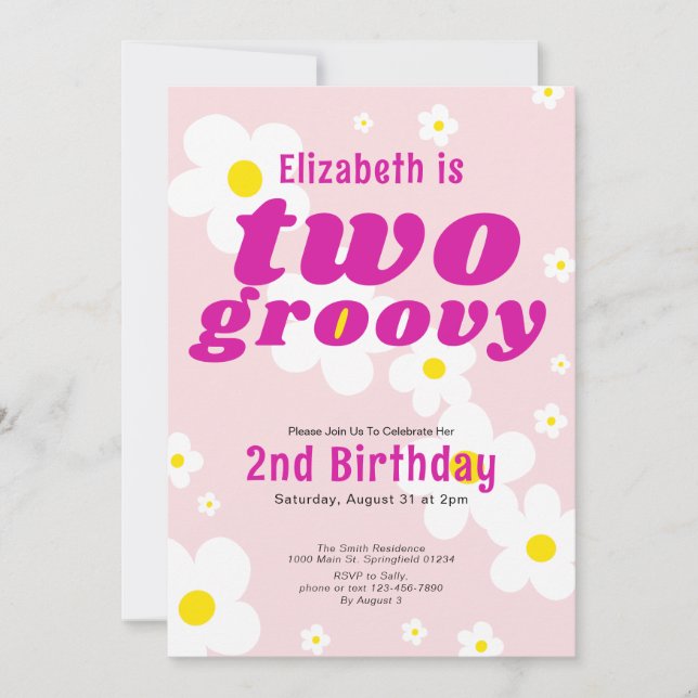 Two Groovy 2nd Birthday Pink Flower Power Hippie Invitation (Front)
