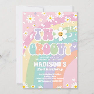 Two Groovy 2nd Birthday Rainbow Peace Love Party Invitation