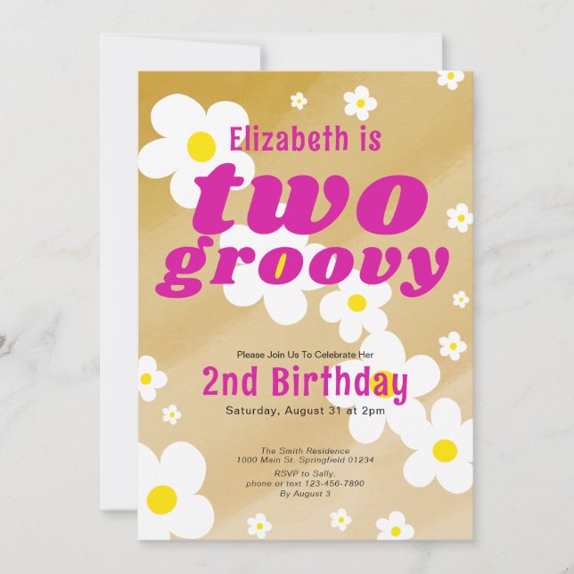 Two Groovy 2nd Birthday Tan Flower Power Hippie Invitation (Front)
