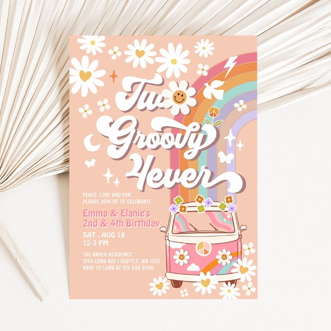 Two Groovy 4ever Joint 2 Ages Pink Groovy Birthday Invitation (Creator Uploaded)