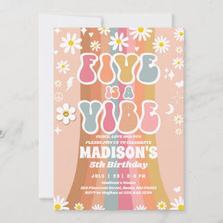 Two Groovy 5th Birthday Rainbow Peace Love Party Invitation
