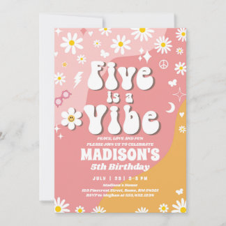 Two Groovy 5th Birthday Rainbow Peace Love Party Invitation