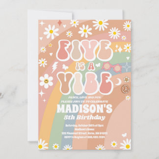 Two Groovy 5th Birthday Rainbow Peace Love Party Invitation