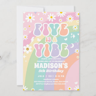 Two Groovy 5th Birthday Rainbow Peace Love Party Invitation