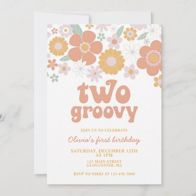 Two Groovy 70s Retro Daisy Second Birthday Invitation (Front)