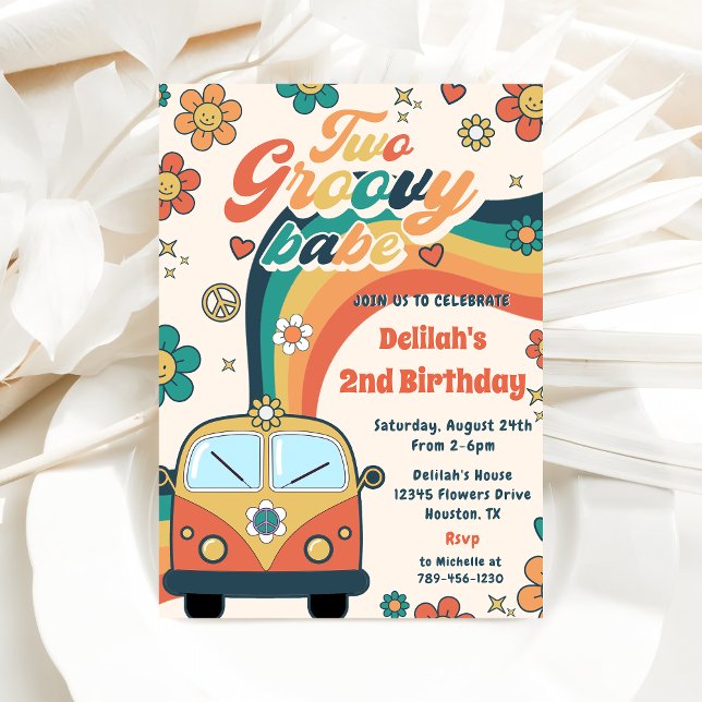 Two Groovy Babe Retro Floral 2nd Birthday Party  Invitation (Creator Uploaded)