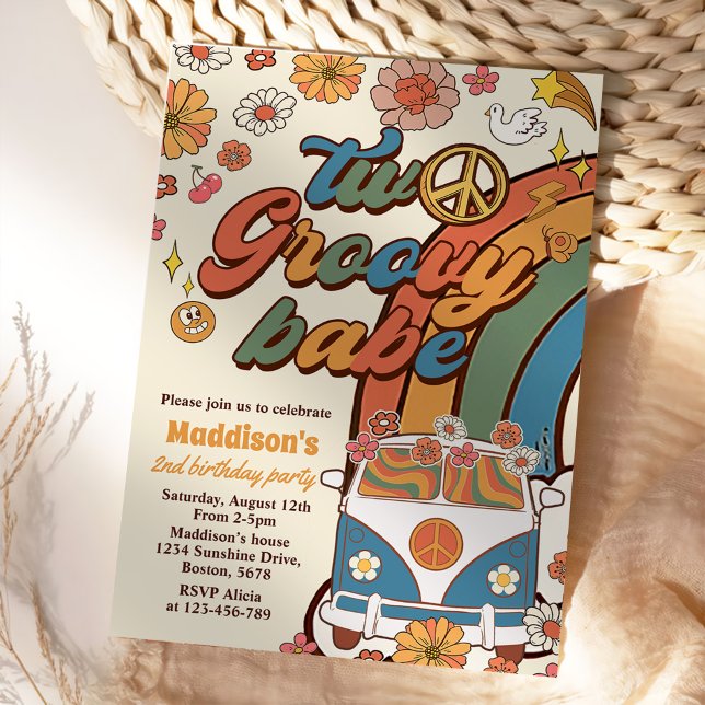 Two Groovy Babe Retro Rainbow 2nd Birthday Party Invitation (Creator Uploaded)