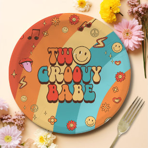 Two Groovy Babe Retro Rainbow 2nd Birthday Party Paper Plate