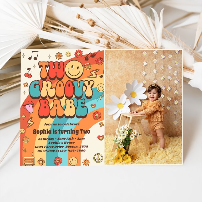 Two Groovy Babe Retro Rainbow 2nd Birthday Photo Invitation (Creator Uploaded)