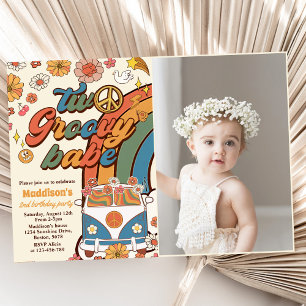 Two Groovy Babe Retro Rainbow 2nd Birthday Photo Invitation
