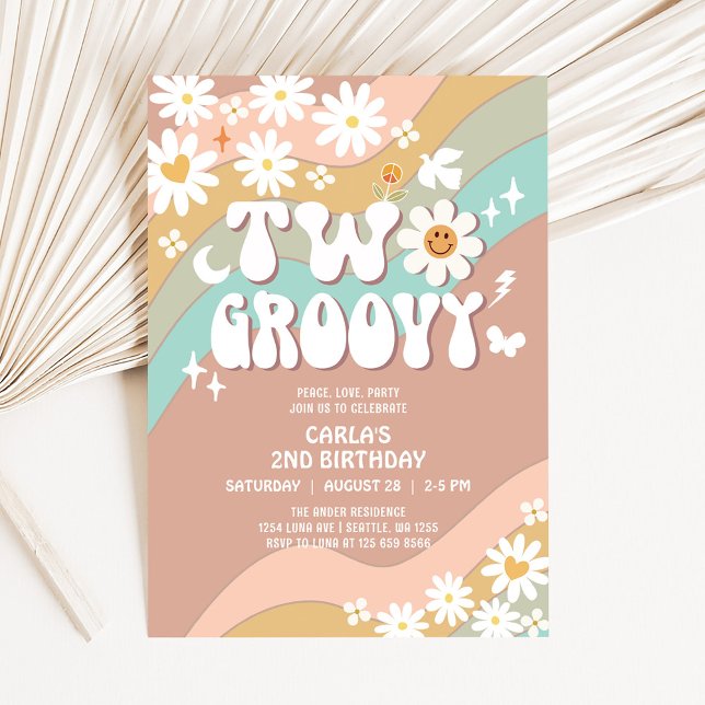 Two Groovy Beige Green Daisy Hippie 2nd Birthday Invitation (Creator Uploaded)