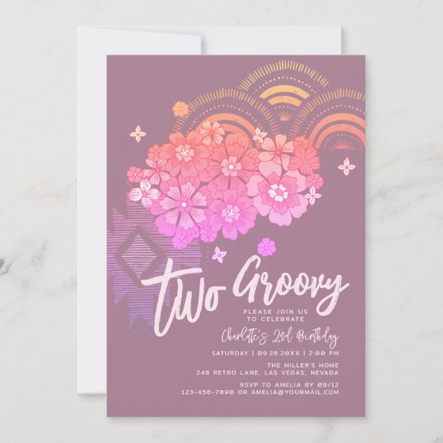 Two Groovy Boho Floral Retro 2nd Birthday Party Invitation (Front)
