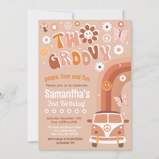 Two Groovy Boho Retro 2nd Birthday Invitations (Front)
