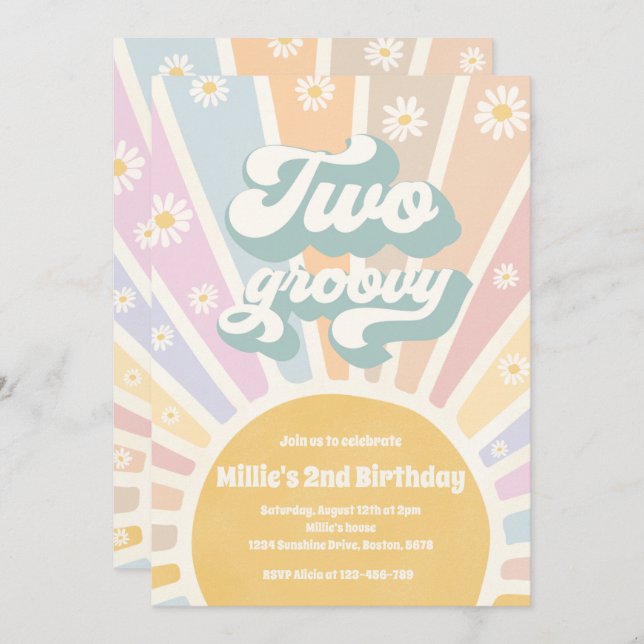 Two Groovy Boho Sunshine Daisy 2nd Birthday Party Invitation (Front/Back)