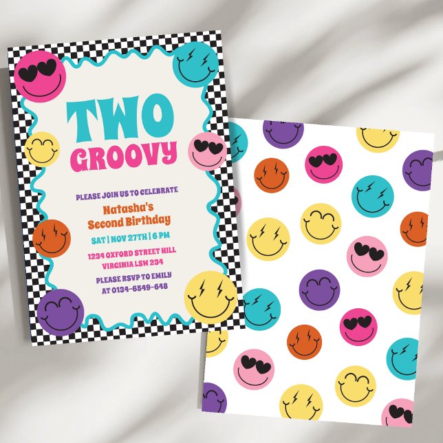 Two Groovy Colourful Retro Smiles Second Birthday  Invitation (Creator Uploaded)