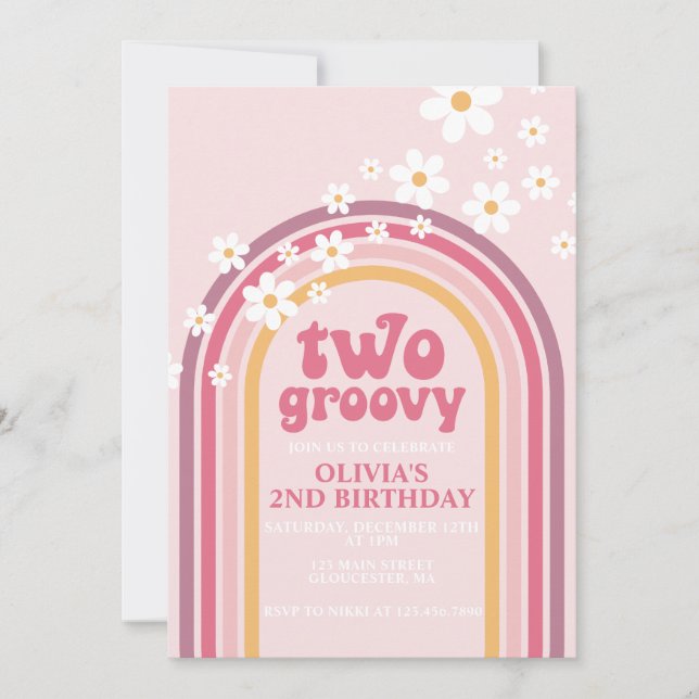 Two Groovy daisy boho floral rainbow 2nd birthday Invitation (Front)