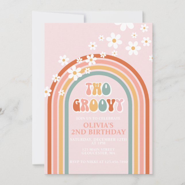 Two Groovy daisy boho floral rainbow 2nd birthday  Invitation (Front)