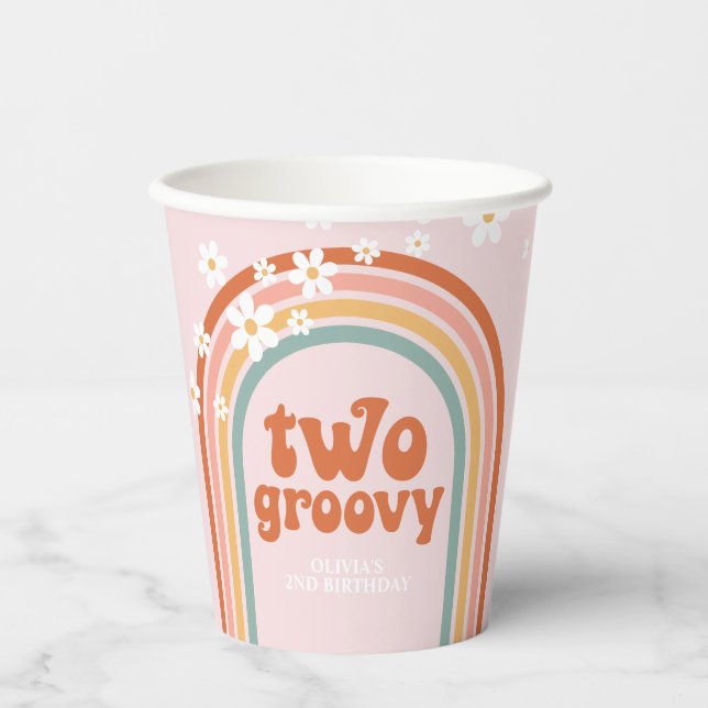 Two Groovy daisy boho floral rainbow 2nd birthday  Paper Cups (Front)
