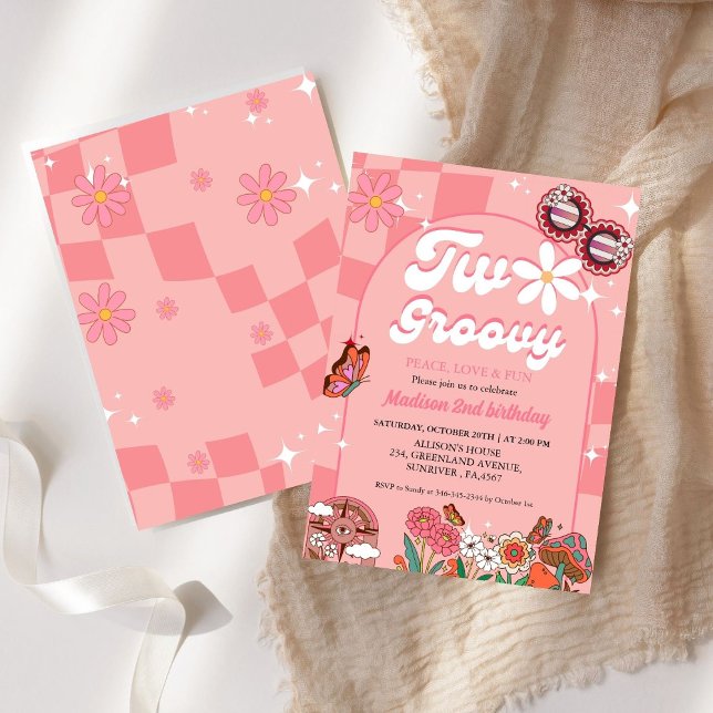 Two groovy daisy flower Retro Groovy 2nd birthday Invitation (Creator Uploaded)