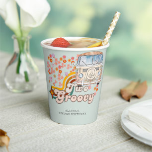 Two Groovy Daisy Hippie Van Second Birthday Paper Cups