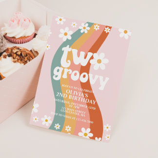 TWO Groovy daisy rainbow 2nd birthday Invitation