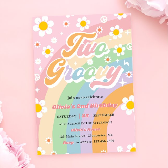 Two Groovy Daisy Rainbow 2nd Birthday Party Invitation (Creator Uploaded)