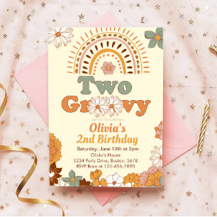 Two Groovy Floral Rainbow 2nd Birthday Invitation
