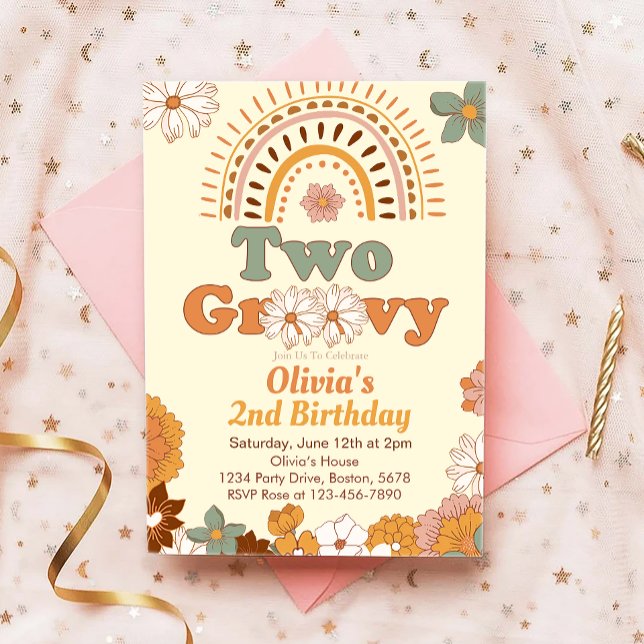 Two Groovy Floral Rainbow 2nd Birthday Invitation (Creator Uploaded)