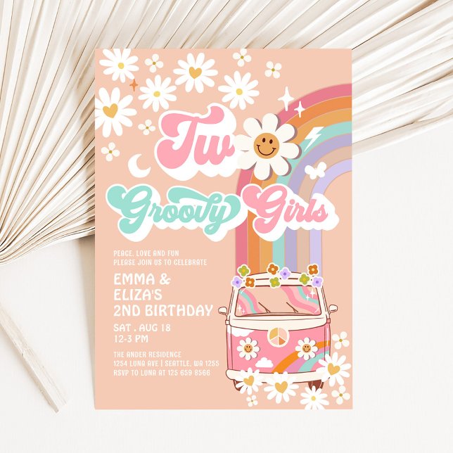 Two Groovy Girls Twin Daisy Rainbow Van Birthday Invitation (Creator Uploaded)