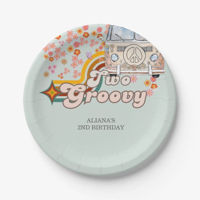 Two Groovy is a vibe daisy Van 2nd birthday Paper Plate (Front)
