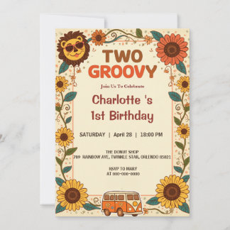 Two Groovy Lion Birthday Retro 70s 2nd Birthday Invitation