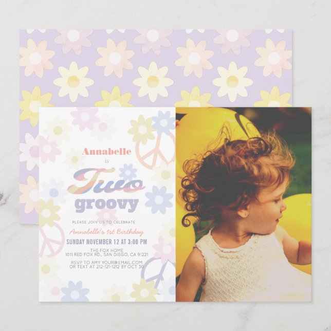 Two Groovy Pastel Colour Daisy 2nd Birthday Photo Invitation (Front/Back)