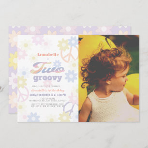 Two Groovy Pastel Colour Daisy 2nd Birthday Photo Invitation