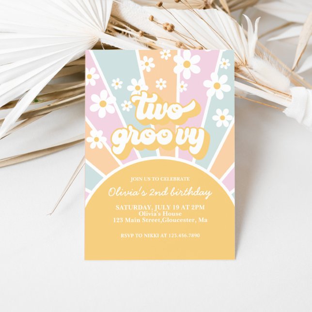 Two Groovy Pastel Retro Sunshine daisy boho floral Invitation (Creator Uploaded)