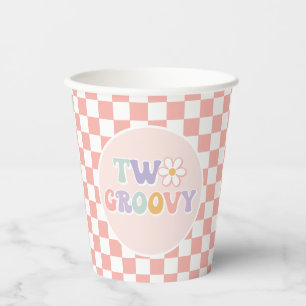 Two Groovy Pink Daisy Chequered Paper Cups