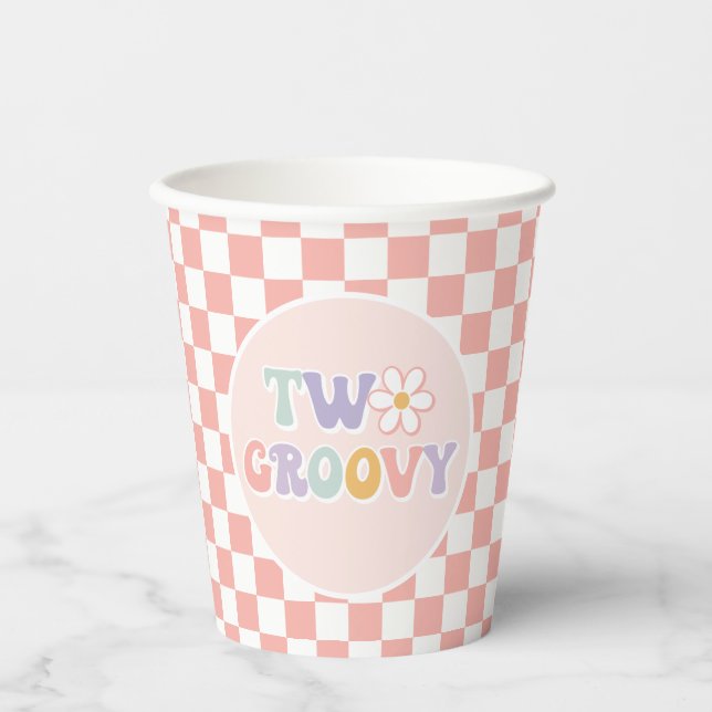 Two Groovy Pink Daisy Chequered Paper Cups (Front)