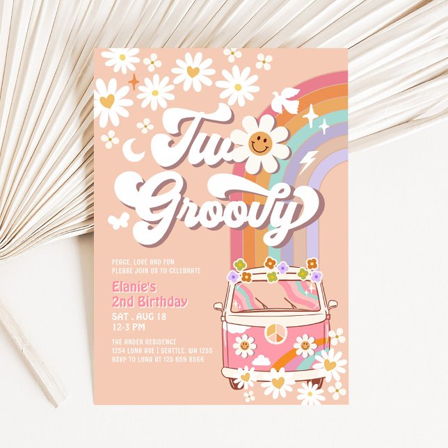 Two Groovy Pink Daisy Rainbow Hippie 2nd Birthday Invitation (Creator Uploaded)