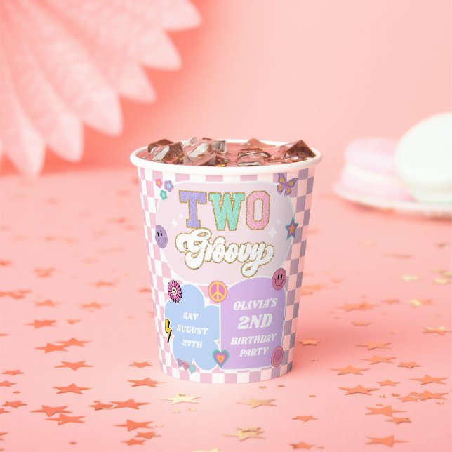 Two Groovy Preppy Patch 2nd Birthday Party Paper Cups (Insitu)