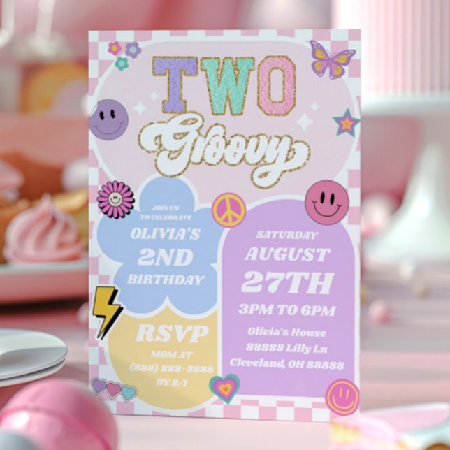 Two Groovy Preppy Varsity Patch 2nd Birthday Party Invitation (Creator Uploaded)