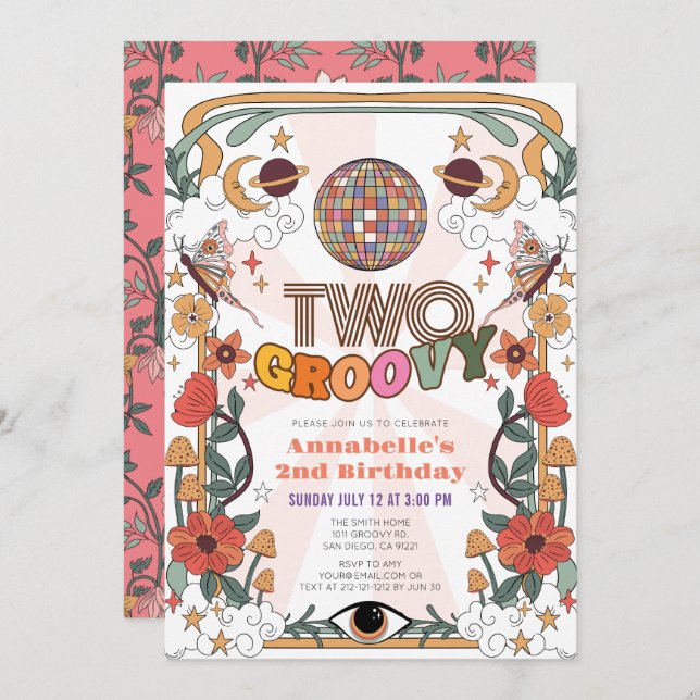 Two Groovy Psychedelic Retro Girl 2nd Birthday Invitation (Front/Back)