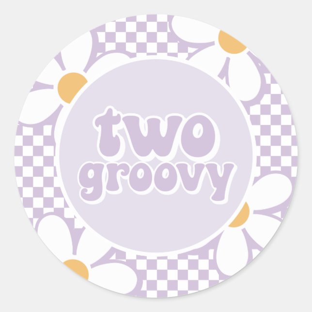 Two Groovy Purple Daisy Chequered Classic Round Sticker (Front)