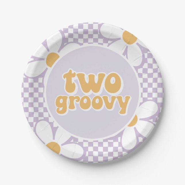 Two Groovy Purple Daisy Chequered Paper Plate (Front)