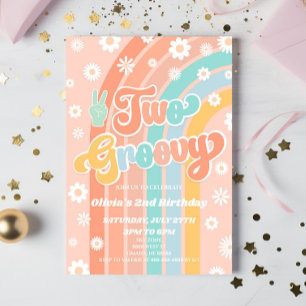 Two Groovy Rainbow Daisy Retro 2nd Birthday Party Invitation
