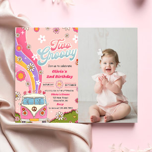 Two Groovy Rainbow Floral 2nd Birthday Party Photo Invitation