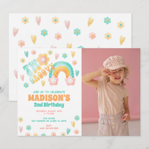 Two Groovy Rainbow Flower 70s Retro 2nd Birthday Invitation