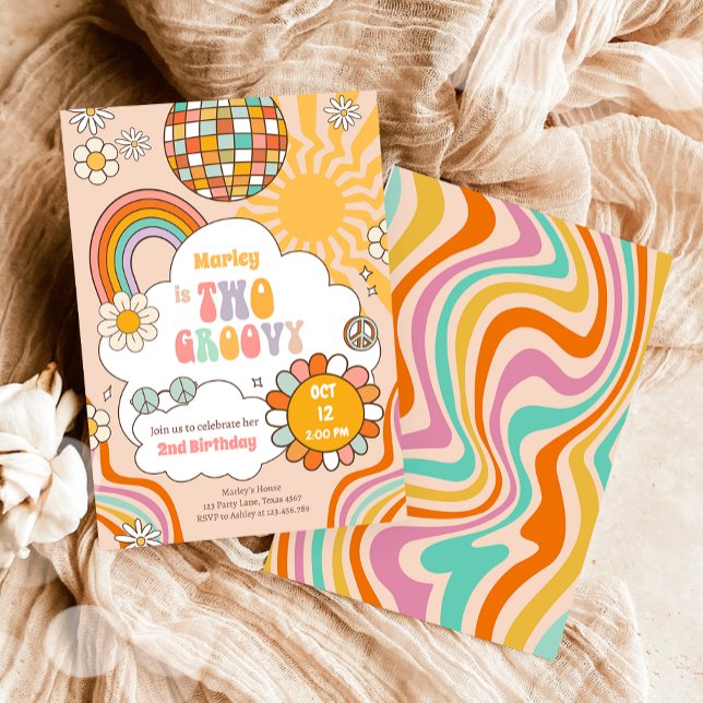 Two Groovy Retro 70s Rainbow Girl 2nd Birthday Invitation (Creator Uploaded)